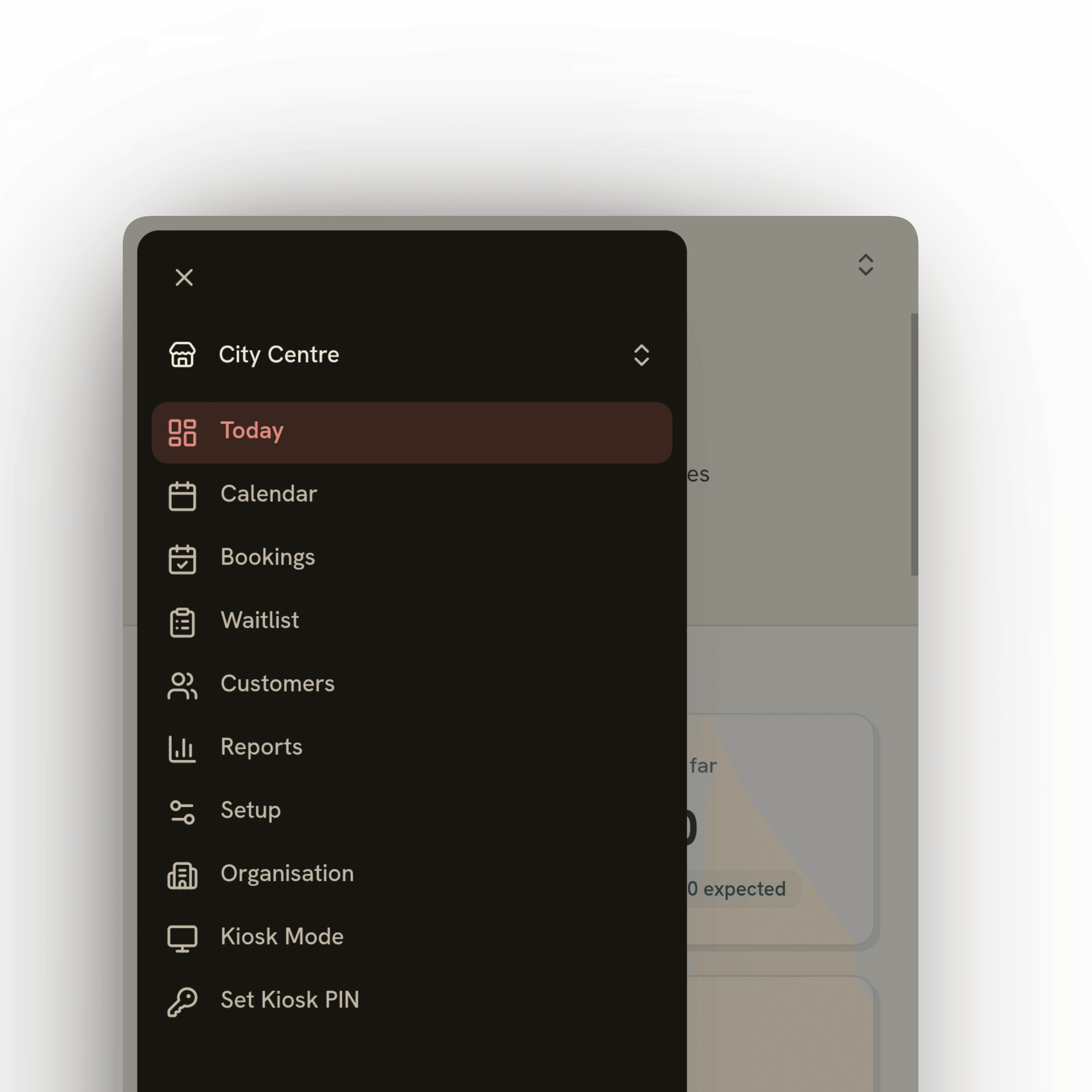 Setora's mobile navigation open over the Today view, showing the City Centre location switcher and links for Today, Calendar, Bookings, Waitlist, Customers, Reports, Setup, Organisation and Kiosk Mode