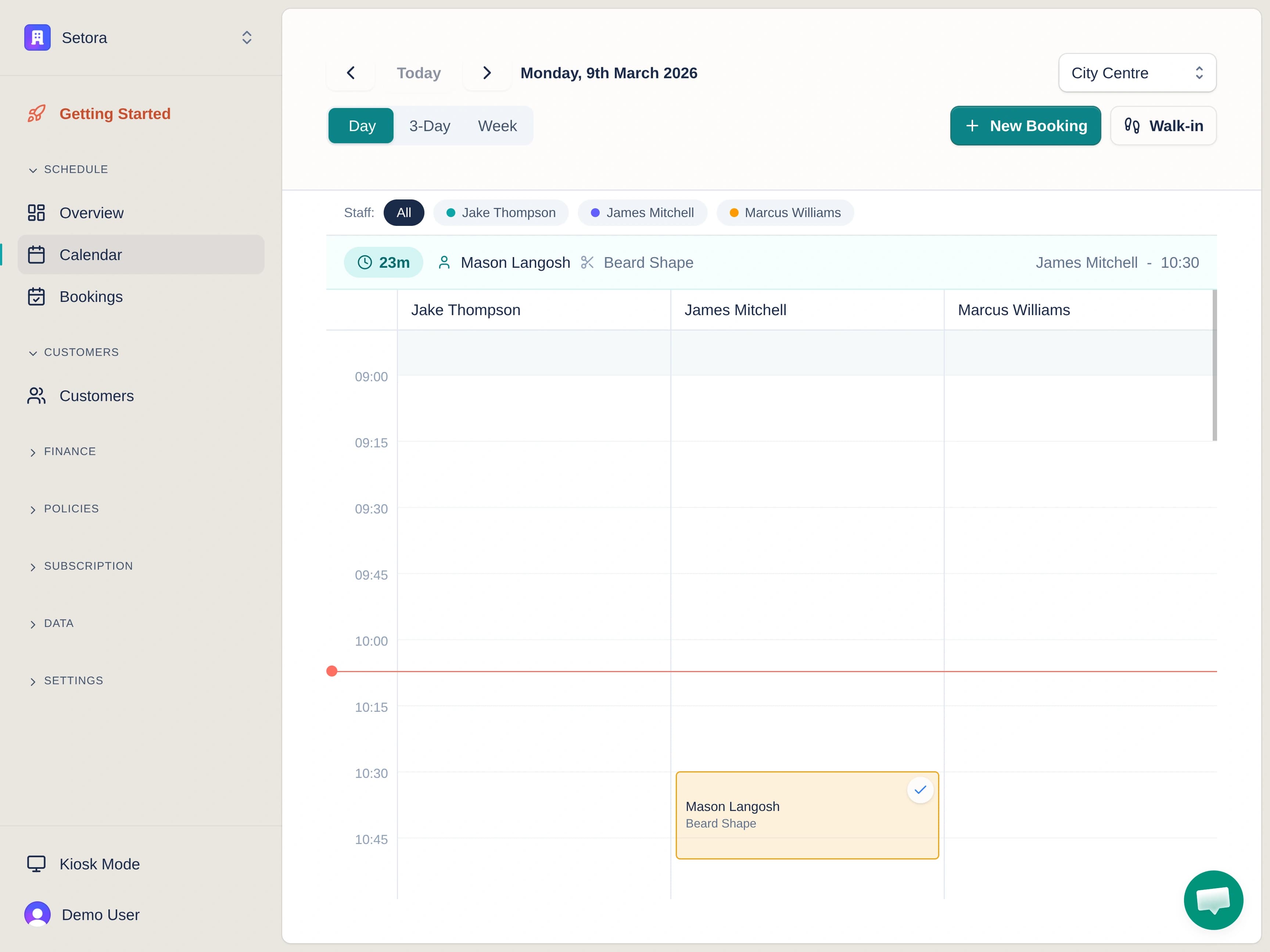 Setora calendar view showing barber schedules and appointments across the week
