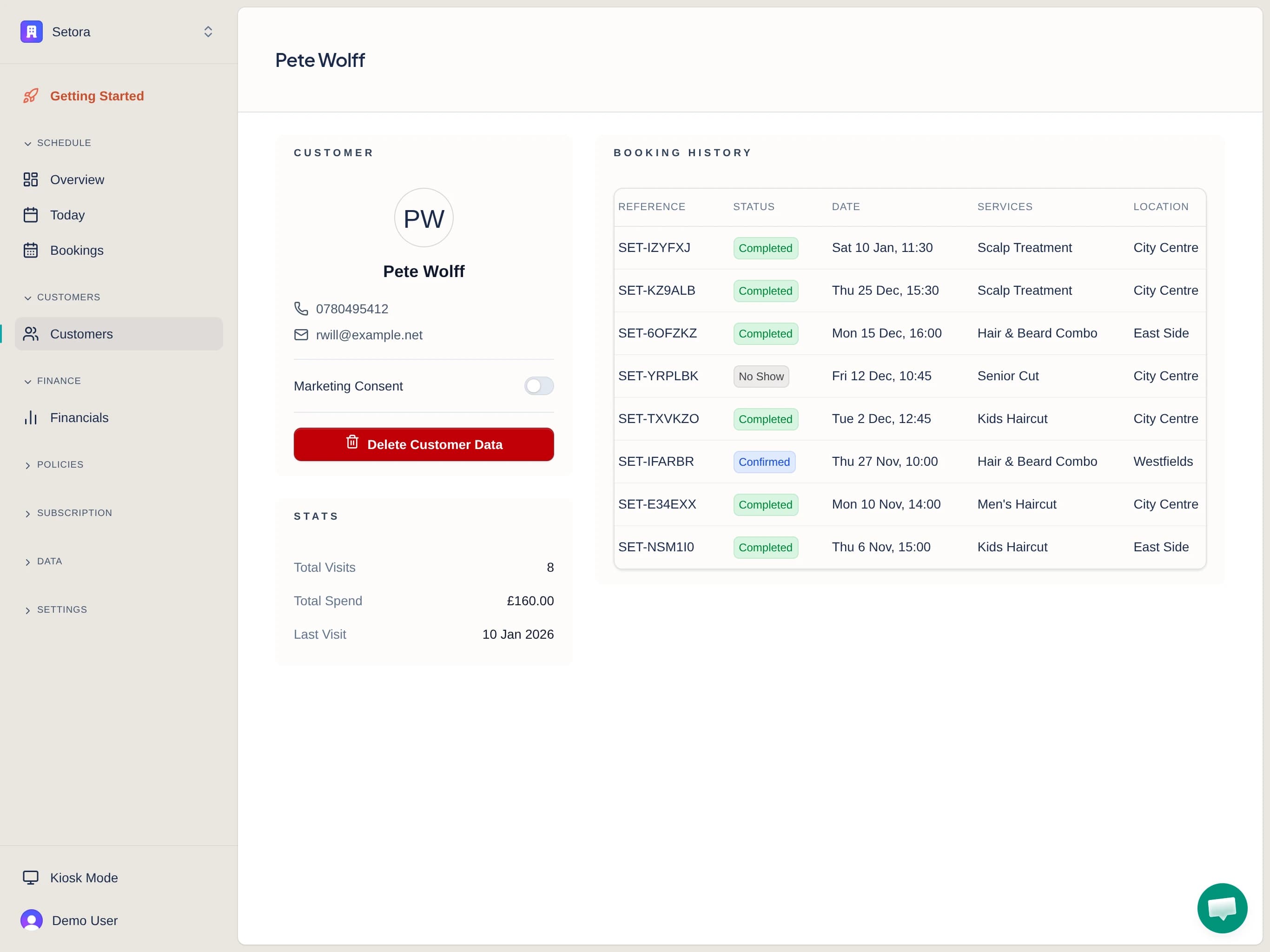 Setora client profile with visit history, contact details and barbershop appointment notes
