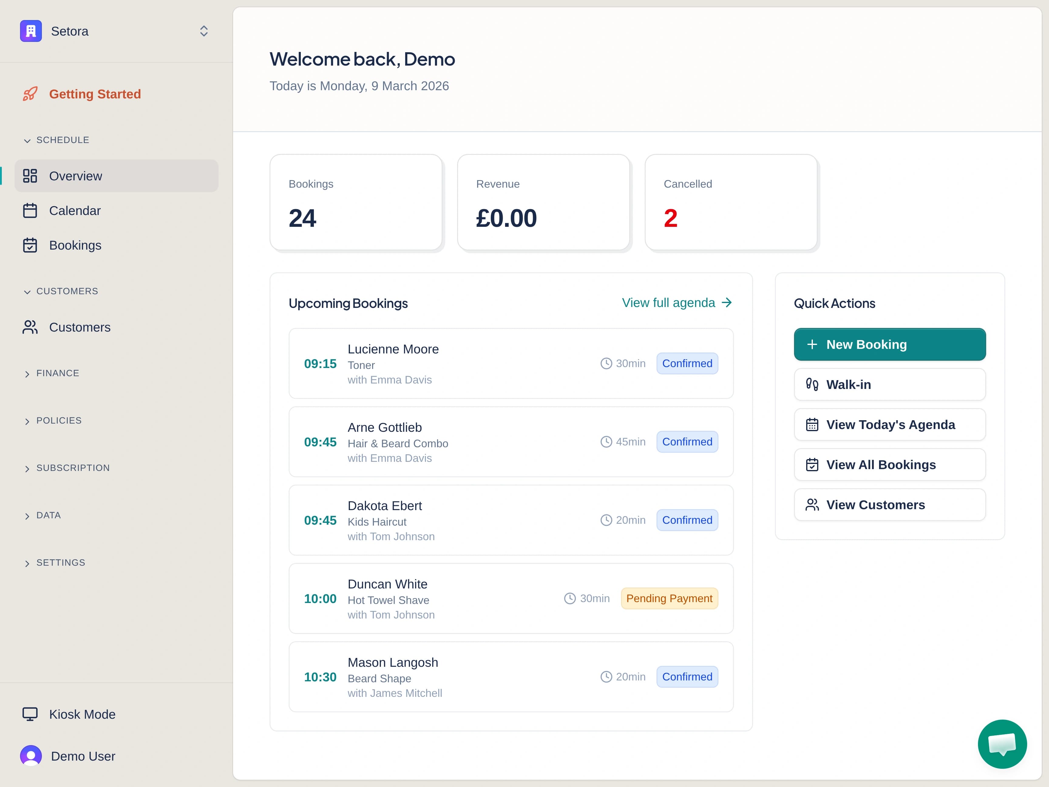 Setora salon booking software dashboard showing today's appointments, stylist schedule and revenue overview