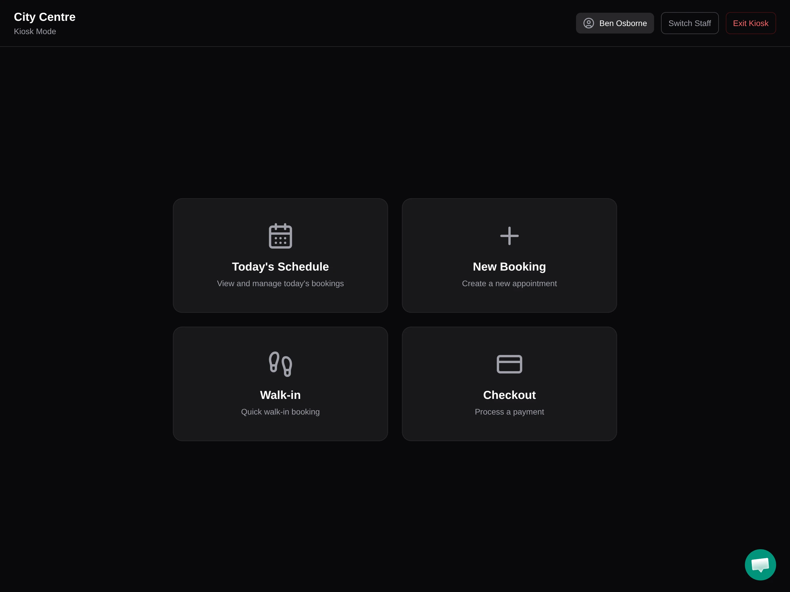 Setora barbershop kiosk mode showing the daily schedule, walk-in queue and payment options on a tablet