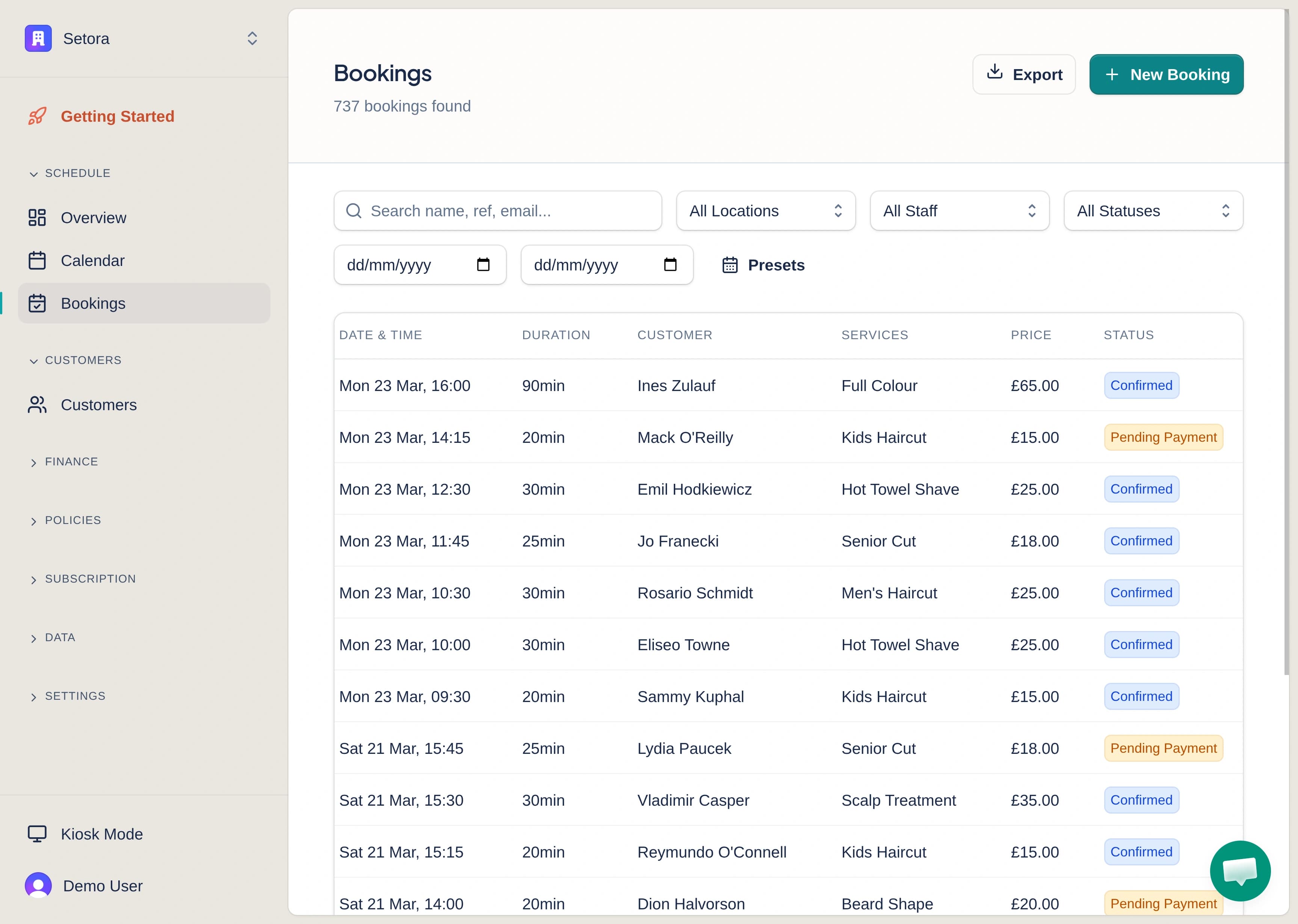 Setora bookings page where staff view and manage upcoming appointments
