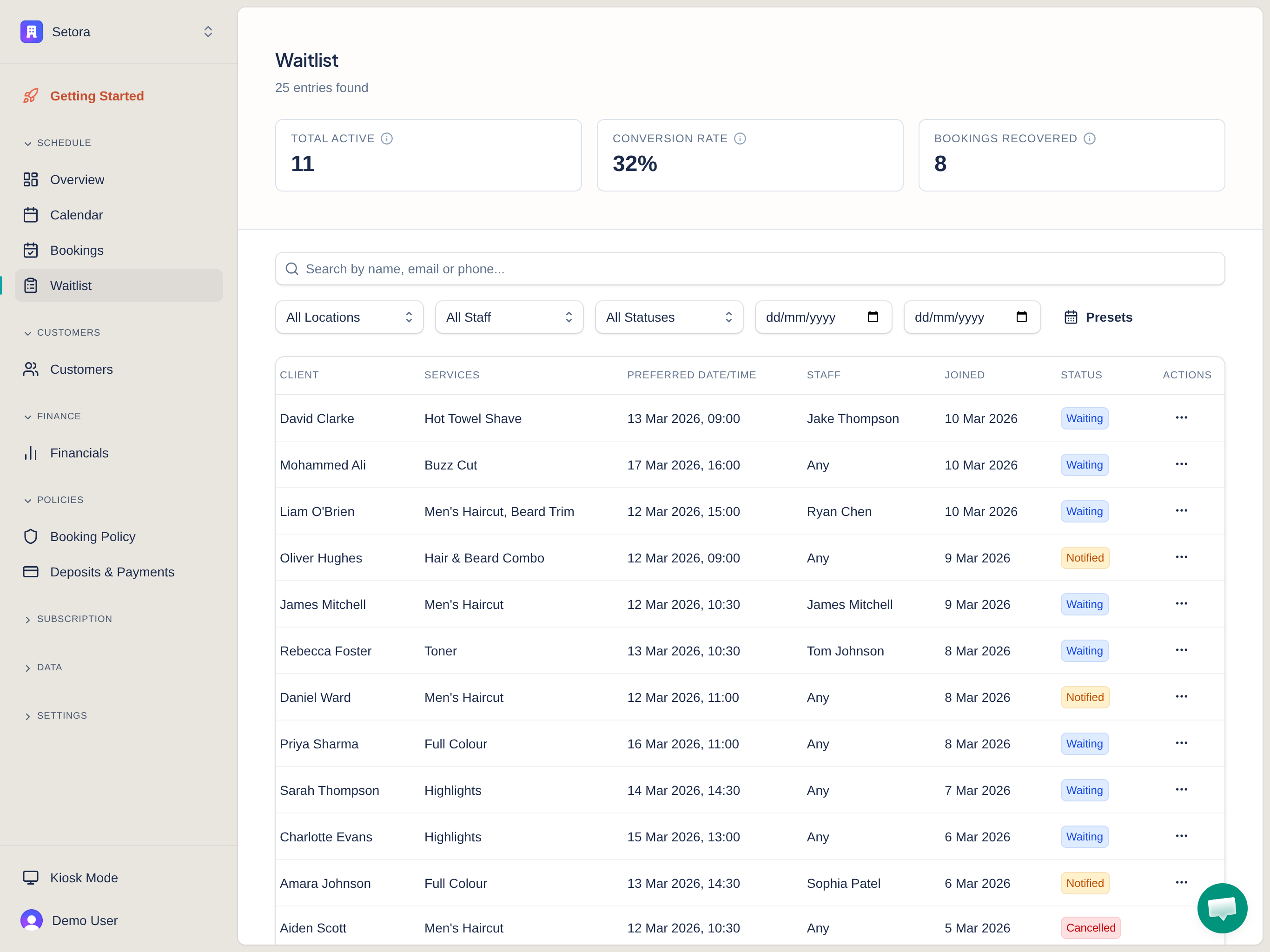 Setora waitlist management dashboard showing entries, filters, and status tracking