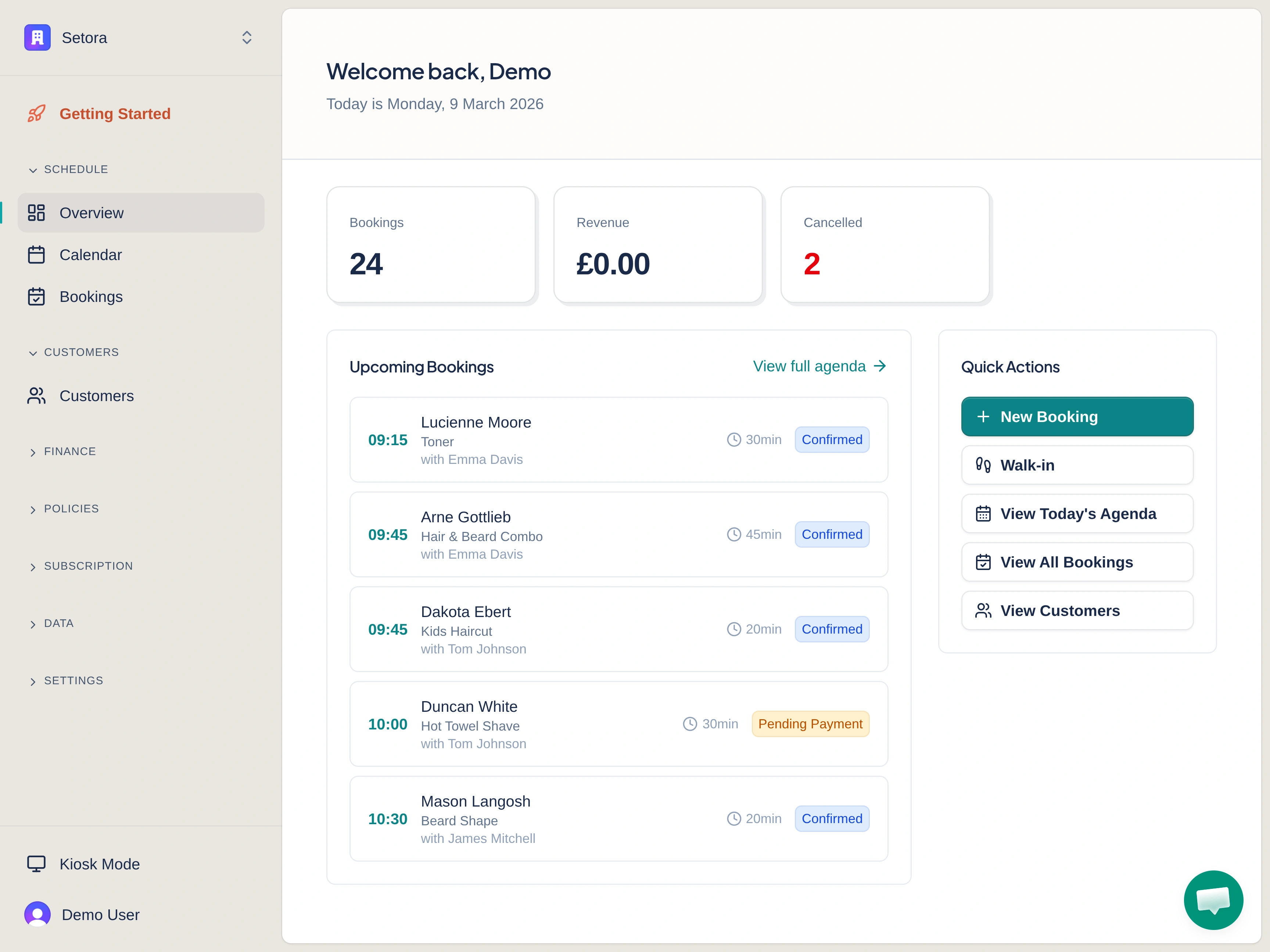 Setora salon booking software dashboard showing today's appointments, stylist schedule and revenue overview