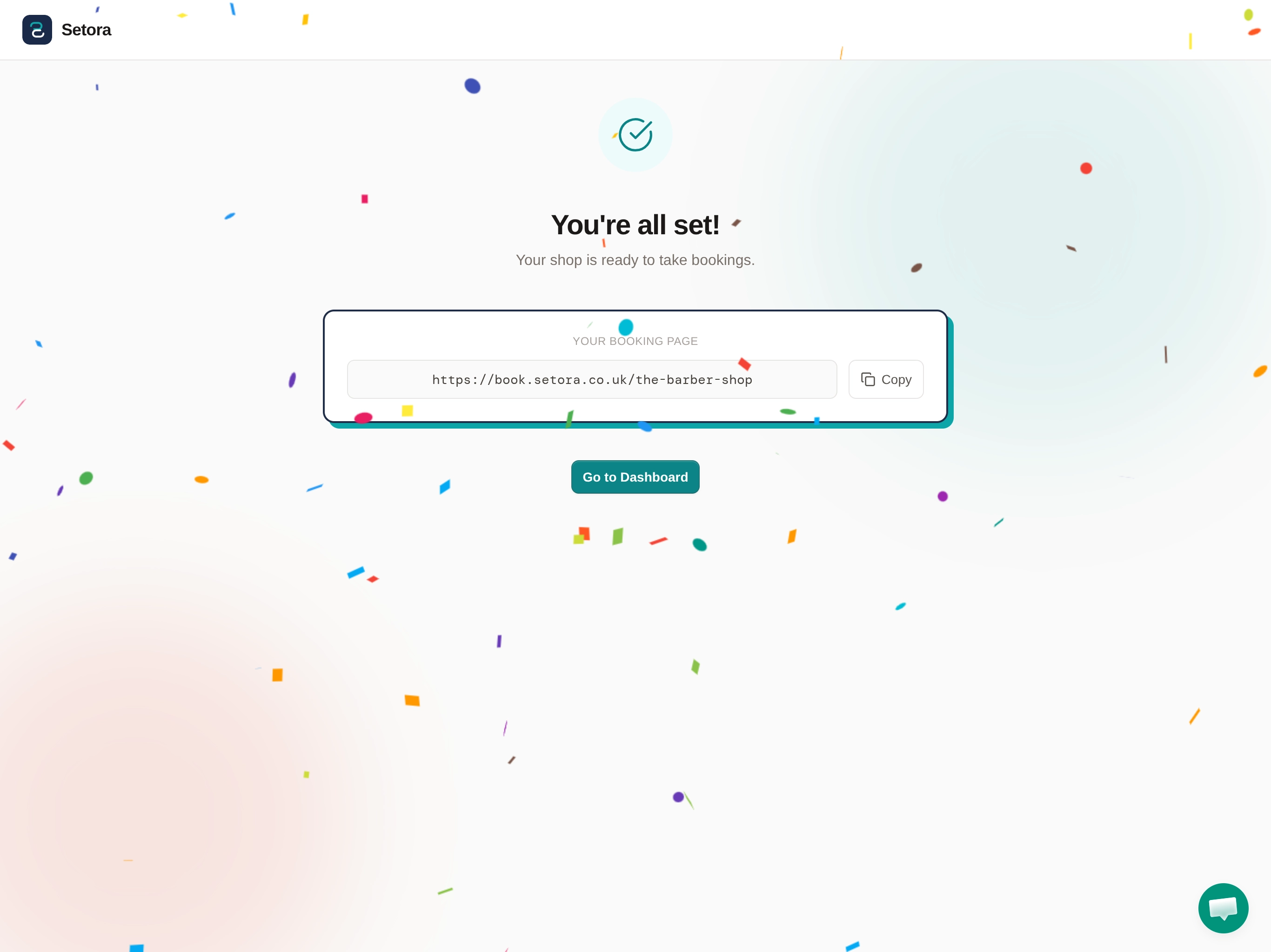 Setora onboarding — You're all set! Showing the live booking page URL ready to share, with confetti