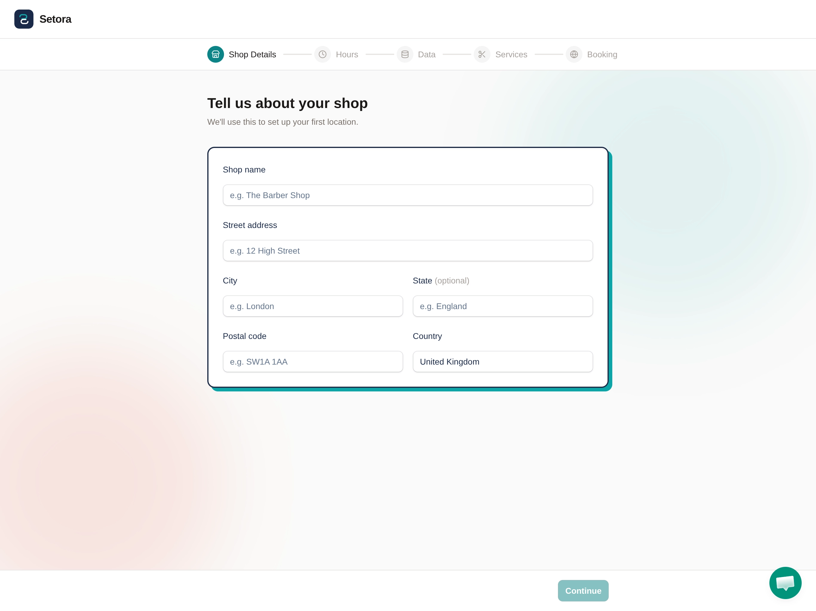 Setora onboarding — Step 1: Tell us about your shop, showing fields for shop name, address, city, postal code and country